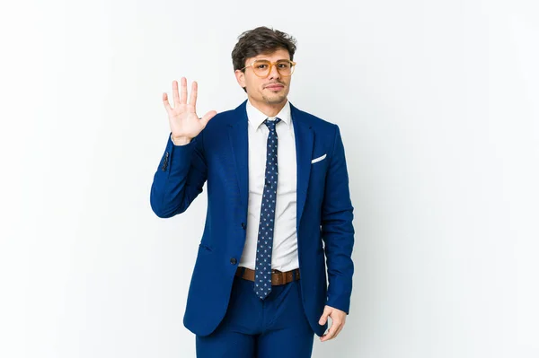 Young Business Cool Man Smiling Cheerful Showing Number Five Fingers — Stock Photo, Image