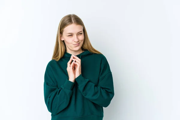 Ung Blond Kvinna Isolerad Vit Bakgrund Gör Upp Plan Åtanke — Stockfoto