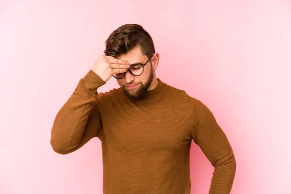 Young Caucasian Man Isolated Pink Background Having Head Ache Touching — Stock Photo, Image