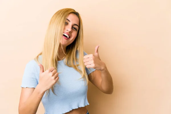 Young Blonde Caucasian Woman Raising Both Thumbs Smiling Confident — Stock Photo, Image