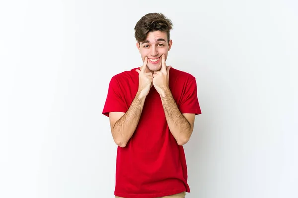 Joven Hombre Caucásico Aislado Sobre Fondo Blanco Dudando Entre Dos — Foto de Stock