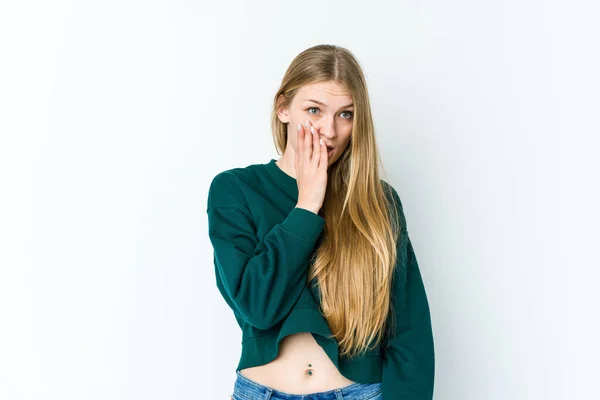 Young Blonde Woman Isolated White Background Being Shocked Because Something — Stock Photo, Image