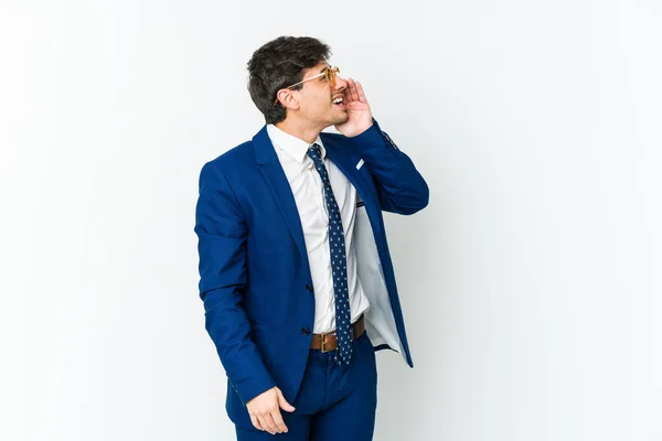 Young Business Cool Man Shouting Holding Palm Opened Mouth — Stock Photo, Image