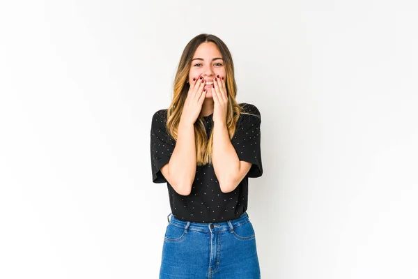 Young Caucasian Woman Isolated White Background Laughing Something Covering Mouth — Stock Photo, Image