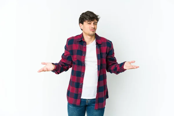 Young Cool Man Doubting Shrugging Shoulders Questioning Gesture — Stock Photo, Image