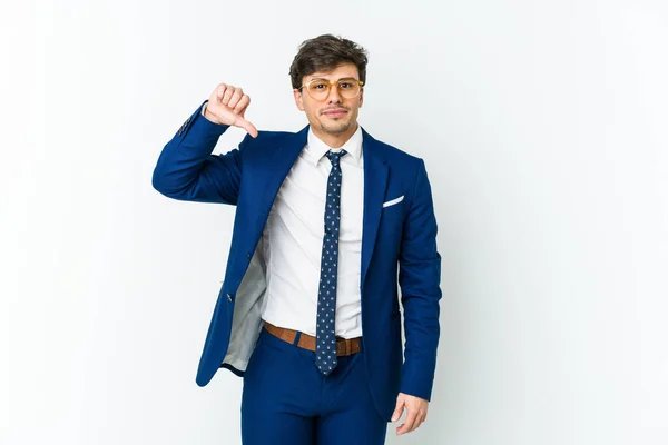 Young Business Cool Man Showing Dislike Gesture Thumbs Disagreement Concept — Stock Photo, Image
