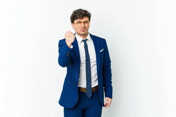 Young Business Cool Man Showing Fist Camera Aggressive Facial Expression — Stock Photo, Image