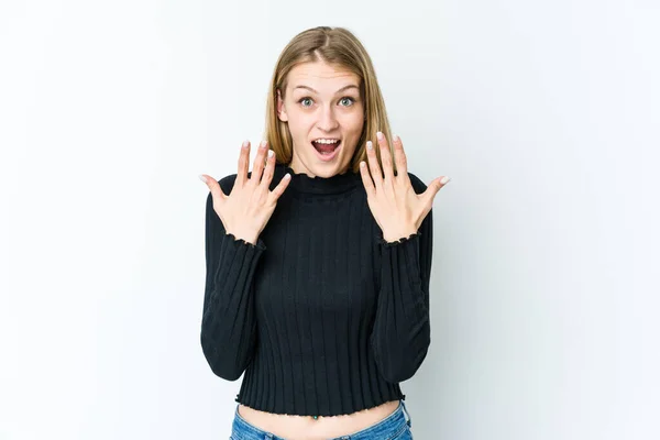 Giovane Donna Bionda Isolata Sfondo Bianco Mostrando Numero Dieci Con — Foto Stock