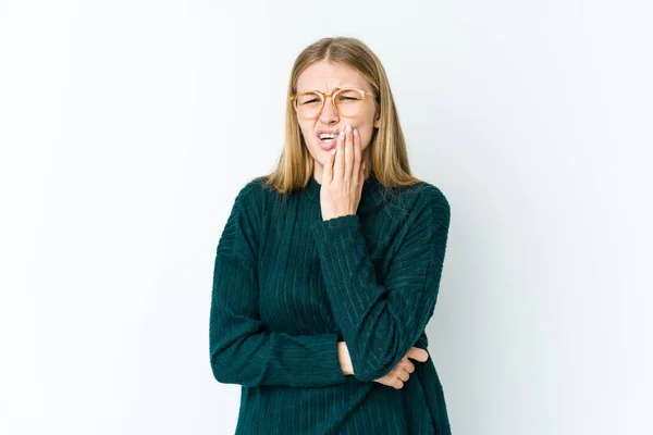 Giovane Donna Bionda Isolata Sfondo Bianco Con Forte Dolore Denti — Foto Stock