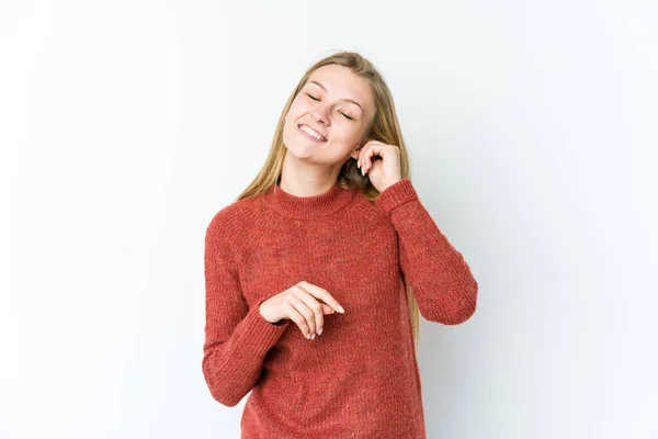 Mujer Rubia Joven Aislada Sobre Fondo Blanco Celebrando Una Victoria — Foto de Stock