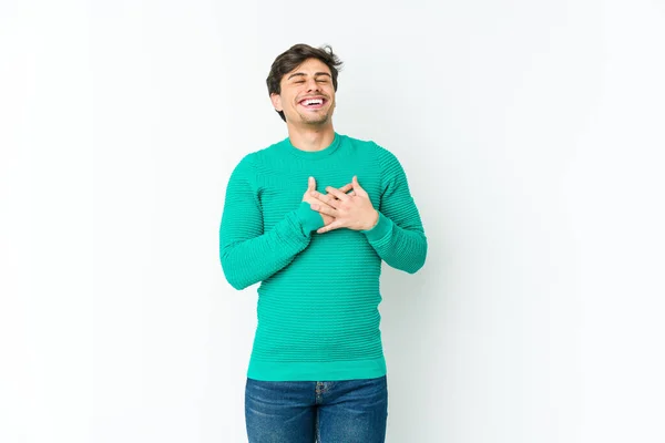 Young Cool Man Laughing Keeping Hands Heart Concept Happiness — Stock Photo, Image