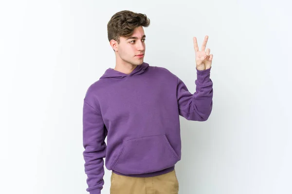 Young Caucasian Man Isolated White Background Joyful Carefree Showing Peace — Stock Photo, Image