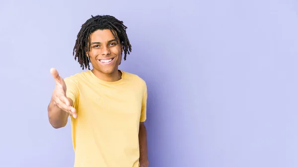 Young African American Rasta Man Stretching Hand Camera Greeting Gesture — Stock Photo, Image