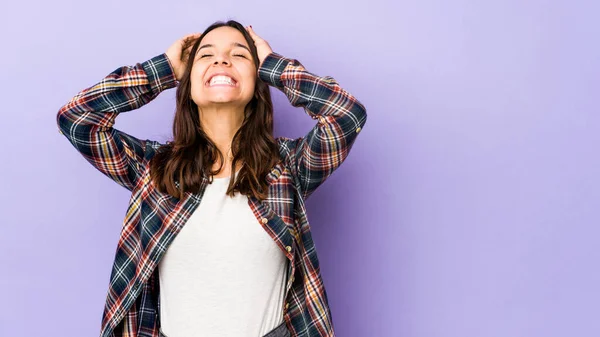 Young Mixed Race Hispanic Woman Isolated Laughs Joyfully Keeping Hands — Stock Photo, Image