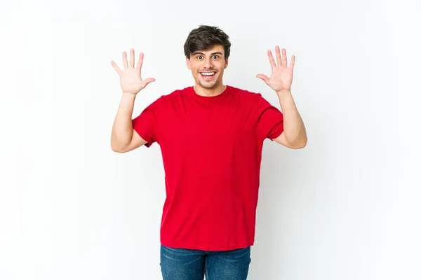 Jovem Homem Legal Recebendo Uma Agradável Surpresa Animado Levantando Mãos — Fotografia de Stock