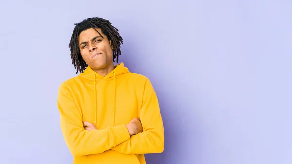 Young African American Rasta Man Frowning Face Displeasure Keeps Arms — Stock Photo, Image