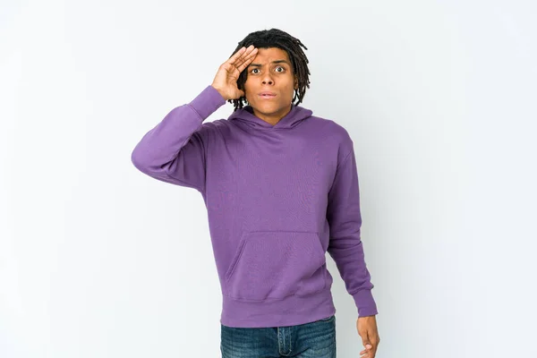 Young African American Rasta Man Shouts Loud Keeps Eyes Opened — Stock Photo, Image