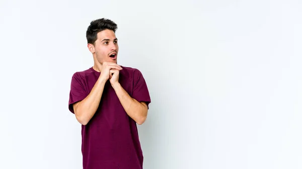 Young Caucasian Man Isolated White Background Praying Luck Amazed Opening — Stock Photo, Image