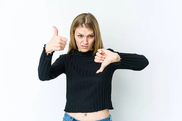 Giovane Donna Bionda Isolata Sfondo Bianco Mostrando Pollici Alto Pollici — Foto Stock