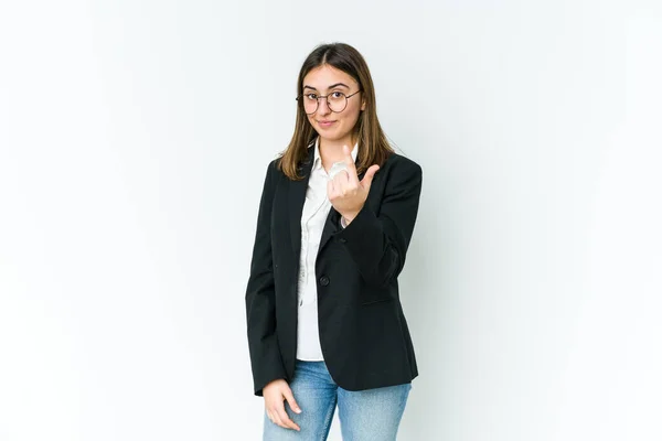 Νεαρή Λευκή Επιχειρηματίας Που Δείχνει Δάχτυλο Σαν Προσκαλεί Έρθεις Πιο — Φωτογραφία Αρχείου