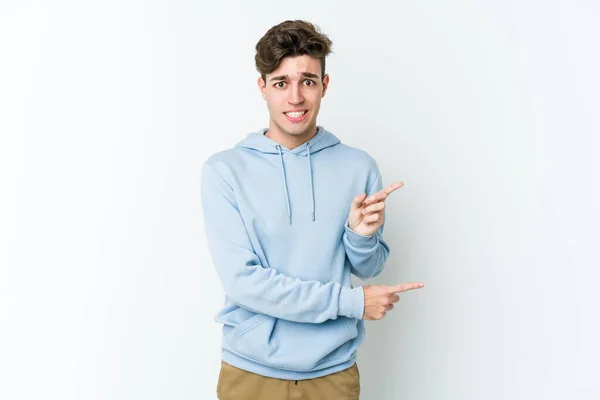 Young Caucasian Man Isolated White Background Shocked Pointing Index Fingers — Stock Photo, Image