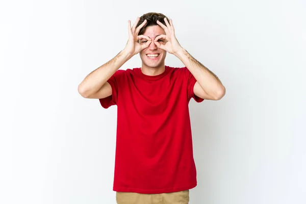 Young Caucasian Man Isolated White Background Excited Keeping Gesture Eye — Stock Photo, Image