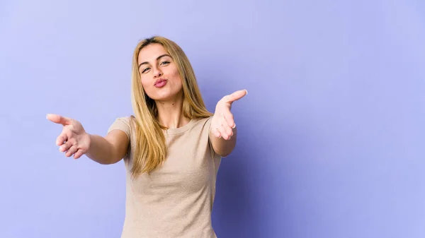 Young Blonde Caucasian Woman Folding Lips Holding Palms Send Air — Stock Photo, Image