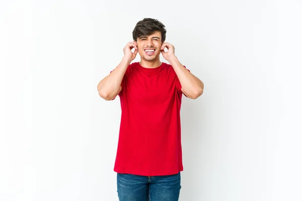 Young Cool Man Covering Ears Fingers Stressed Desperate Loudly Ambient — Stock Photo, Image