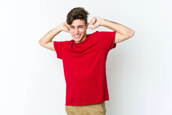 Young Caucasian Man Isolated White Background Stretching Arms Relaxed Position — Stock Photo, Image