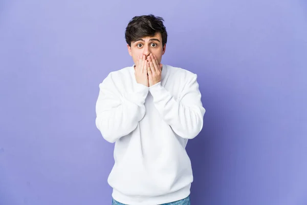 Young Cool Man Shocked Covering Mouth Hands — Stock Photo, Image