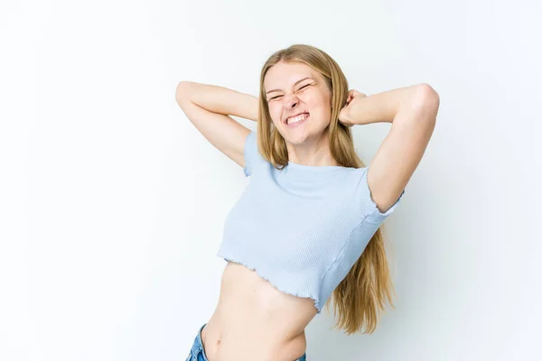 Young Blonde Woman Isolated White Background Stretching Arms Relaxed Position — Stock Photo, Image