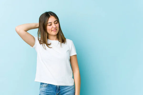 Young Caucasian Woman Suffering Neck Pain Due Sedentary Lifestyle — Stock Photo, Image