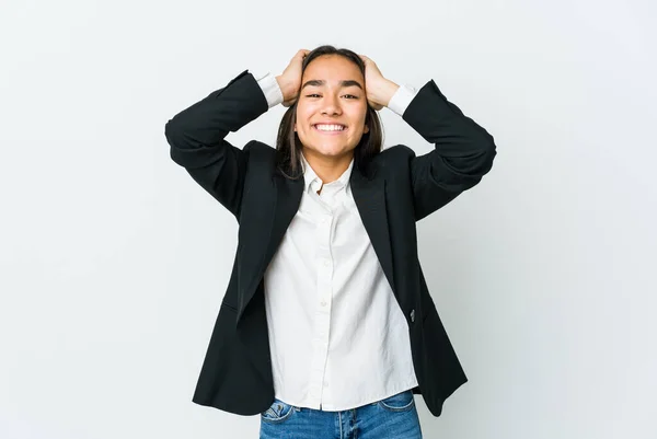 Joven Asiática Bussines Mujer Aislado Blanco Fondo Risas Alegremente Mantener — Foto de Stock