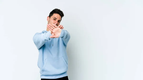 Jonge Blanke Man Geïsoleerd Witte Achtergrond Staan Met Uitgestrekte Hand — Stockfoto