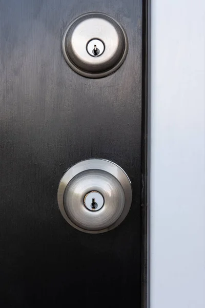 Photograph Locking Door Knob Deadbolt Black Painted Door White Door — Stock Photo, Image