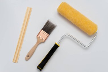 Profesyonel boya fırçası ve boya rulosu çerçevesinin beyaz arka planda boya stilasyonu çubuğu ile fotoğrafı.