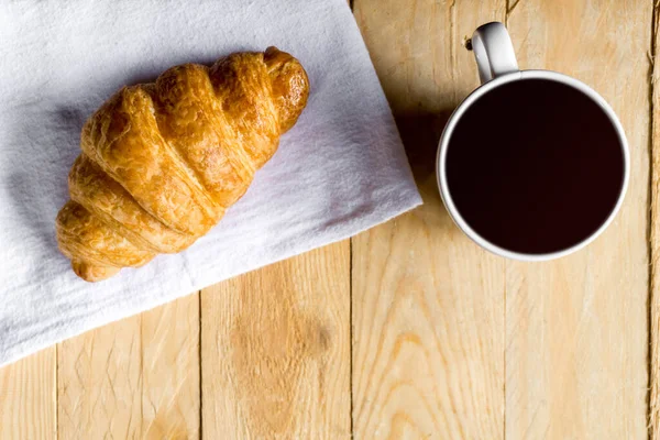 Top View Croissant White Fabric Coffee Wooden Table Copy Space — Stock Photo, Image