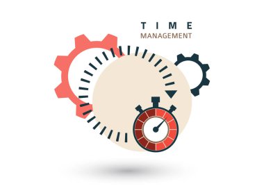 Zaman yönetimi konsepti. Verimlilik ve verimlilik için yaratıcı bir ikon. Kronometreyi imzalayın, dişliler. Düz dizayn. Vektör illüstrasyonu