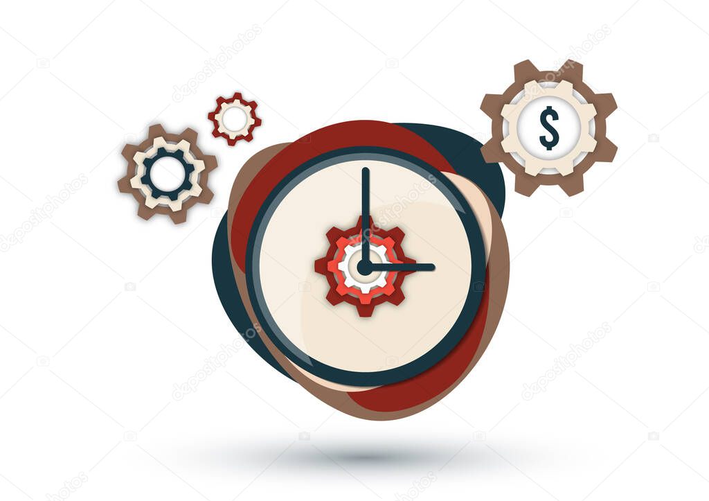 Time management icon. Creative business concept time is money. Dollar, gear, clock. Vector illustration
