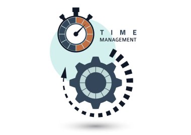 Zaman yönetimi konsepti. Verimlilik ve verimlilik için yaratıcı bir ikon. Kronometreyi imzalayın, dişliler. Düz dizayn. Vektör illüstrasyonu