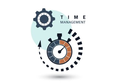 Zaman yönetimi konsepti. Verimlilik ve verimlilik için yaratıcı bir ikon. Kronometreyi imzalayın, dişliler. Düz dizayn. Vektör illüstrasyonu