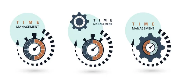 時間管理の概念 効率性 生産性のための創造的なアイコンのセット サインストップウォッチ フラットデザイン ベクターイラスト — ストックベクタ