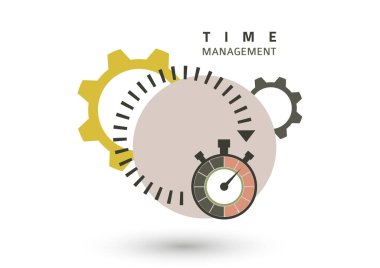 Zaman yönetimi konsepti. Verimlilik ve verimlilik için yaratıcı bir ikon. Kronometreyi imzalayın, dişliler. Düz dizayn. Vektör illüstrasyonu