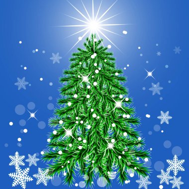 Noel ağacı, yeni yıl, kar taneleri, sihirli gece. Noel kartı kapağı.