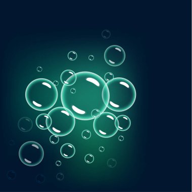 Şeffaf koyu arkaplanı yansıtan renkli gerçekçi şampuan baloncukları. Tasarımınız için izole hava kabarcıkları.