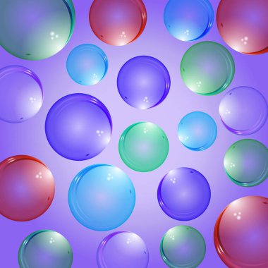 Renkli arka planda yansıması olan renkli gerçekçi cam kabarcıklar. Tasarımınız için izole hava kabarcıkları.