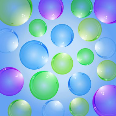 Renkli arka planda yansıması olan renkli gerçekçi cam kabarcıklar. Tasarımınız için izole hava kabarcıkları.