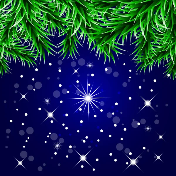 Vánoční Dekorativní Pozadí Zelenými Smrkovými Větvemi Kouzelnou Září Sněhovými Vločkami — Stockový vektor