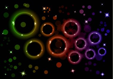 Parlak soyut bir arka plan. Koyu arkaplanda röfleli renkli yüzükler. Reklamcılık, web sitesi, afişler ve posterler için tasarım.