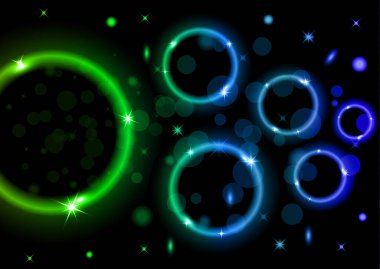 Parlak soyut bir arka plan. Koyu arkaplanda röfleli renkli yüzükler. Reklamcılık, web sitesi, afişler ve posterler için tasarım.